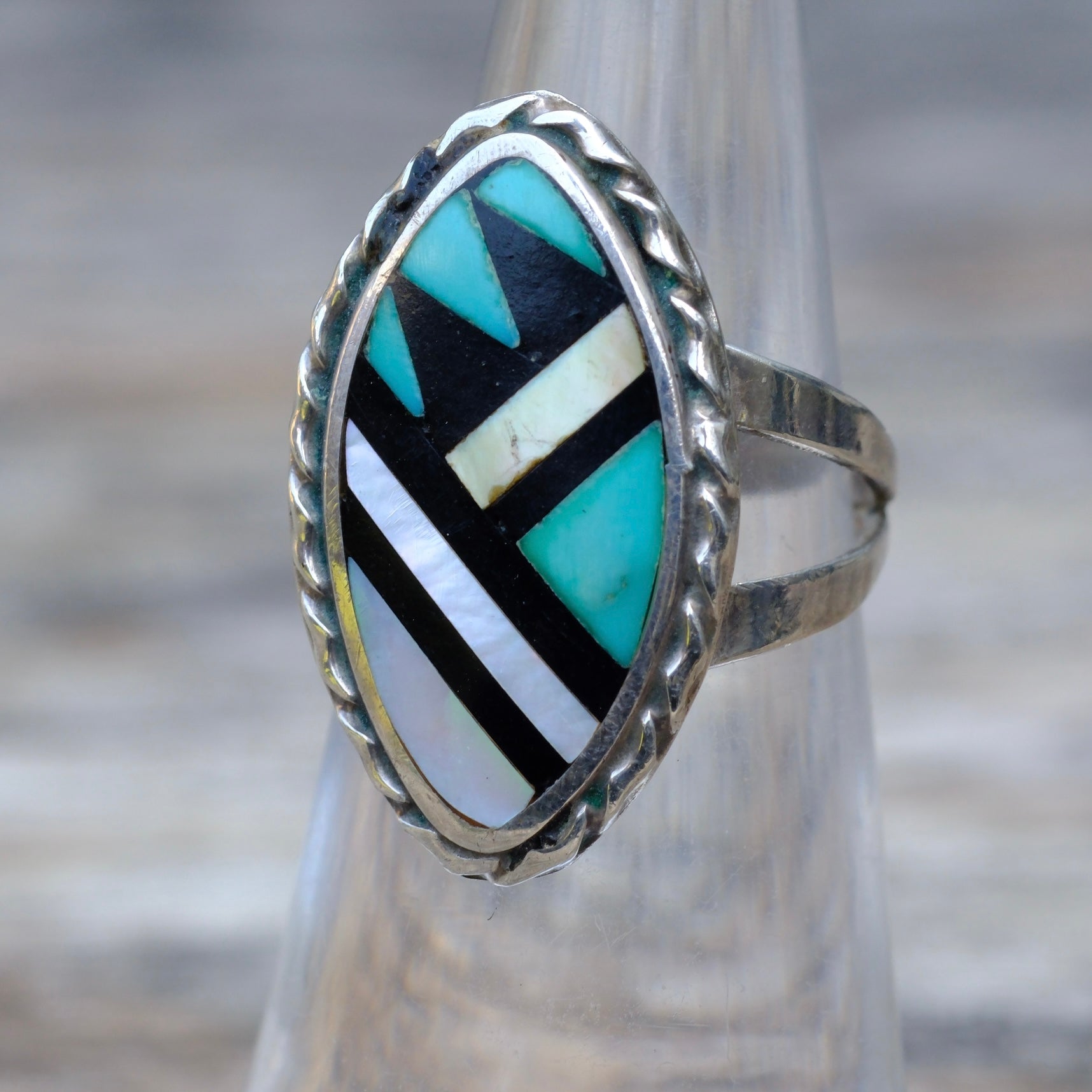 Vintage Sterling Zuni Inlay Ring 5.25