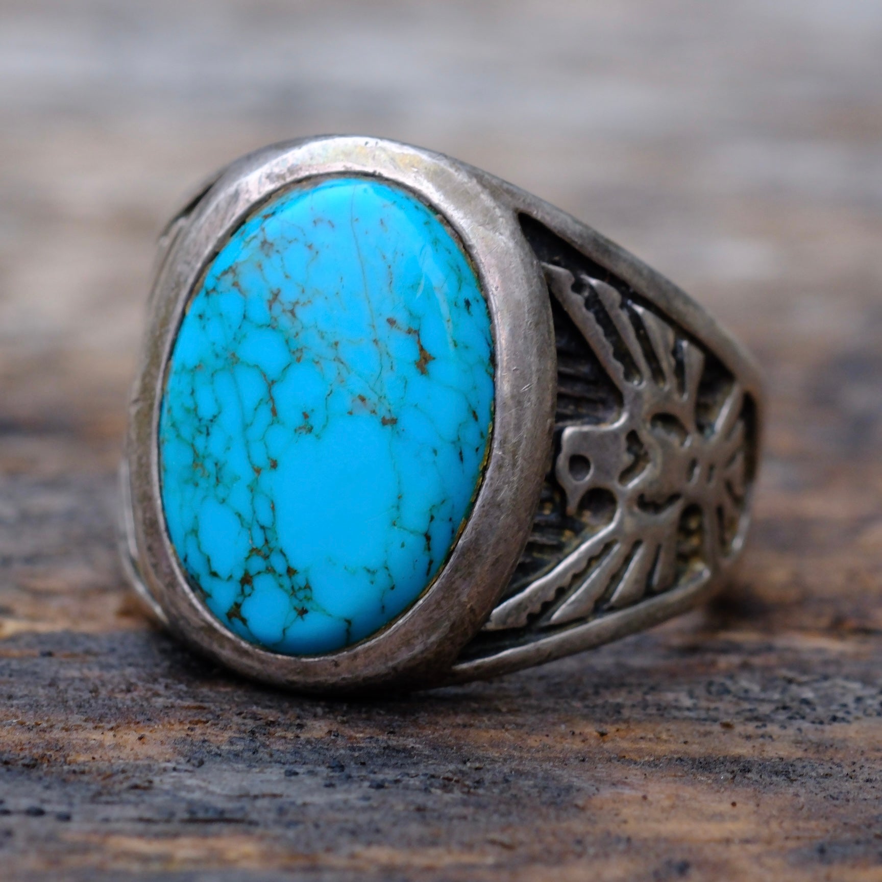 Vintage Sterling Turquoise Thunderbird Ring 9.5