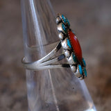 Vintage Sterling Turquoise and Coral Cluster Ring 5.75