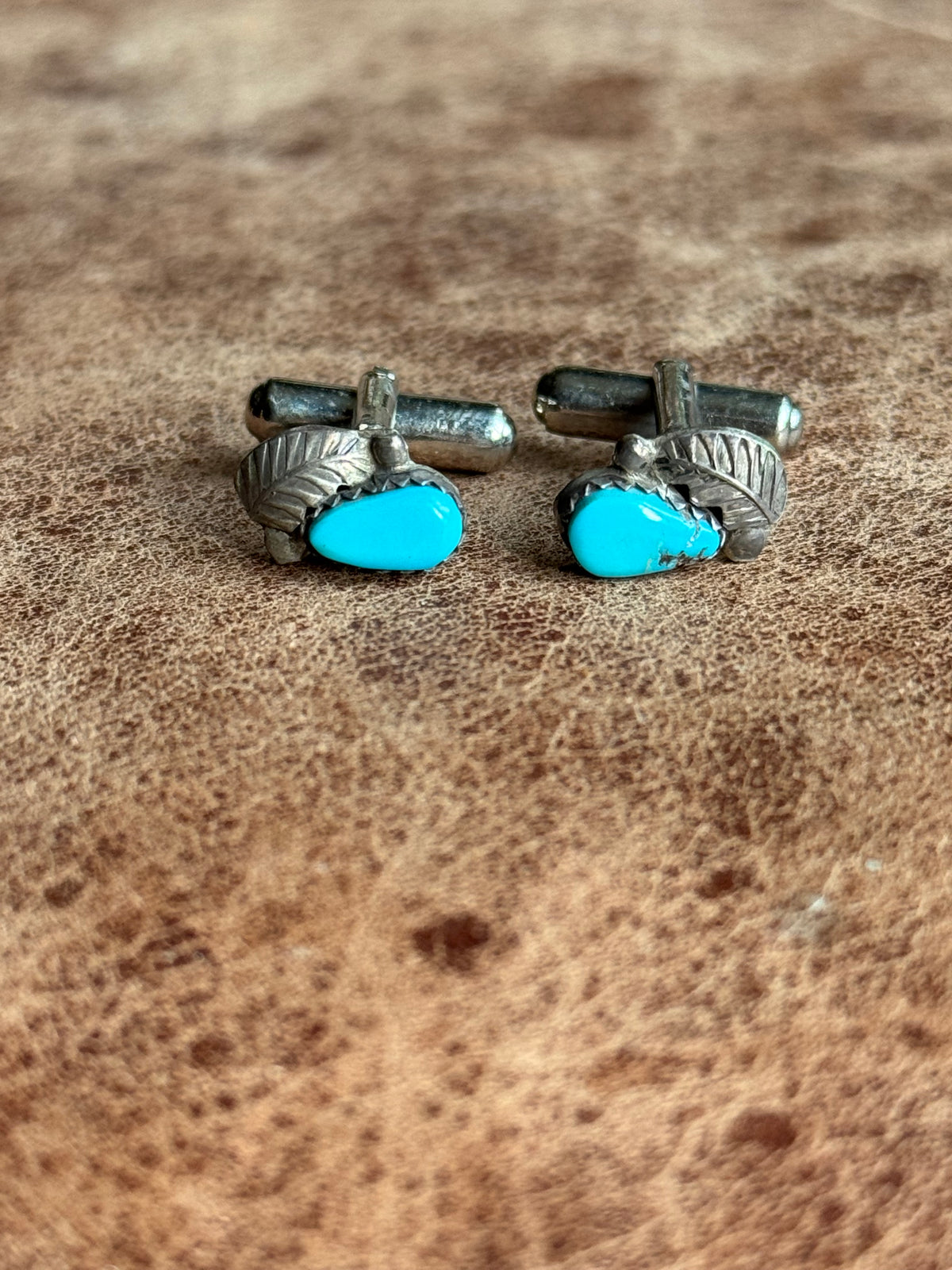 Vintage Sterling Silver Turquoise Leaf Cufflinks