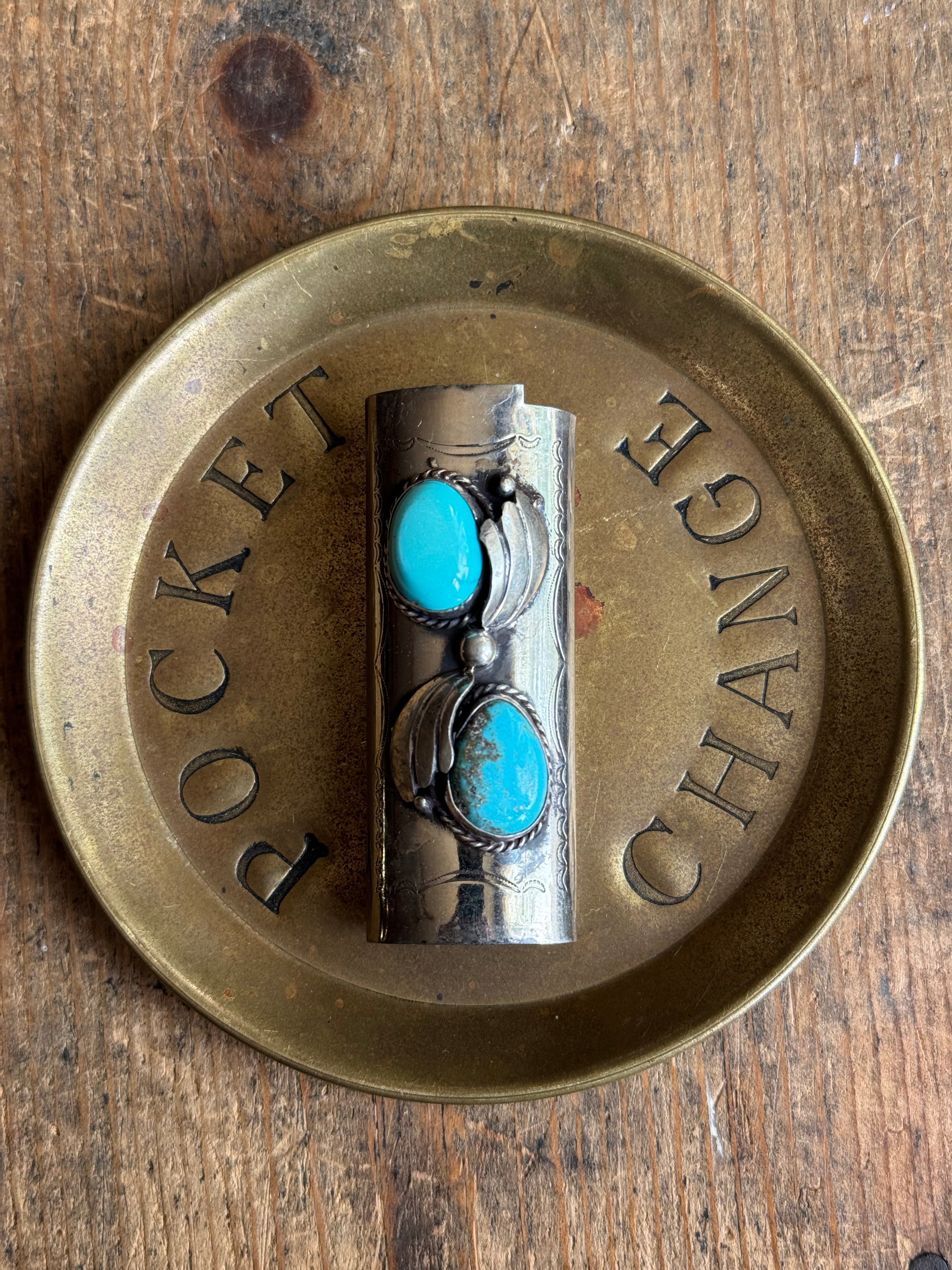Vintage Stamped Nickel & Sterling Silver Turquoise Lighter Case