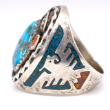 Vintage Sterling Turquoise and Coral Thunderbird Ring 9.5