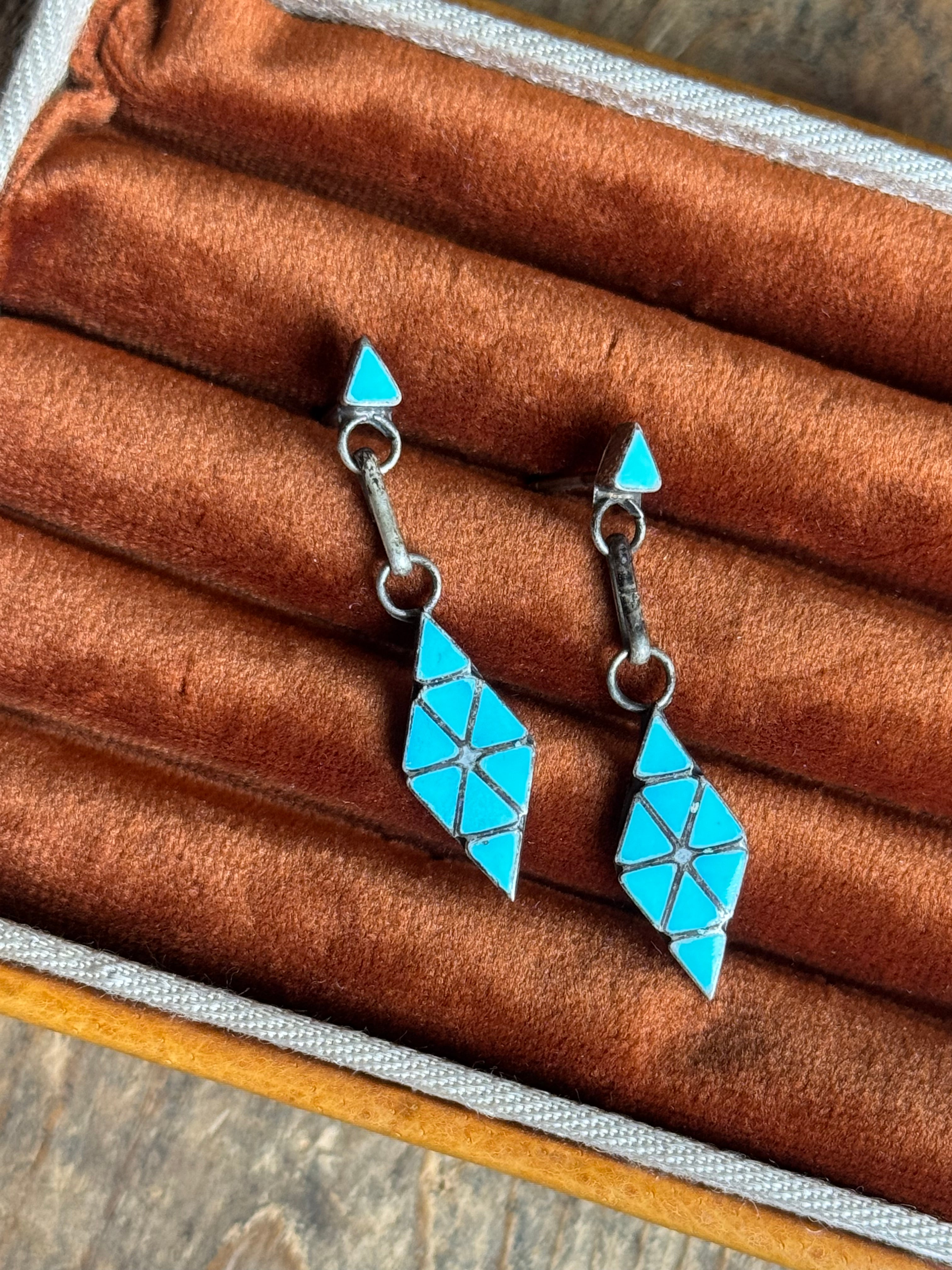 Vintage Sterling Silver Turquoise Inlay Diamond Earrings
