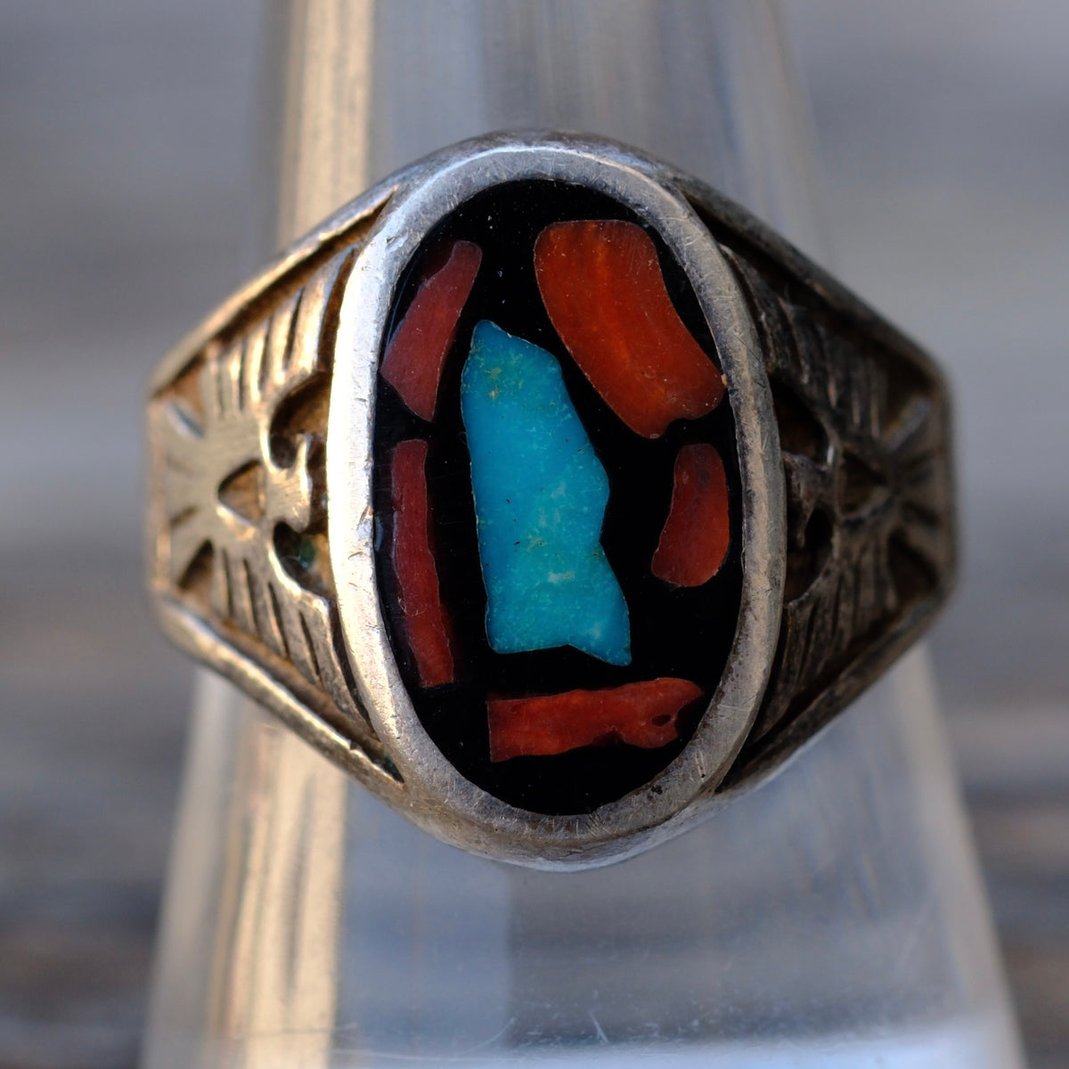 Vintage Sterling Turquoise and Coral Chip Thunderbird Ring 9.5