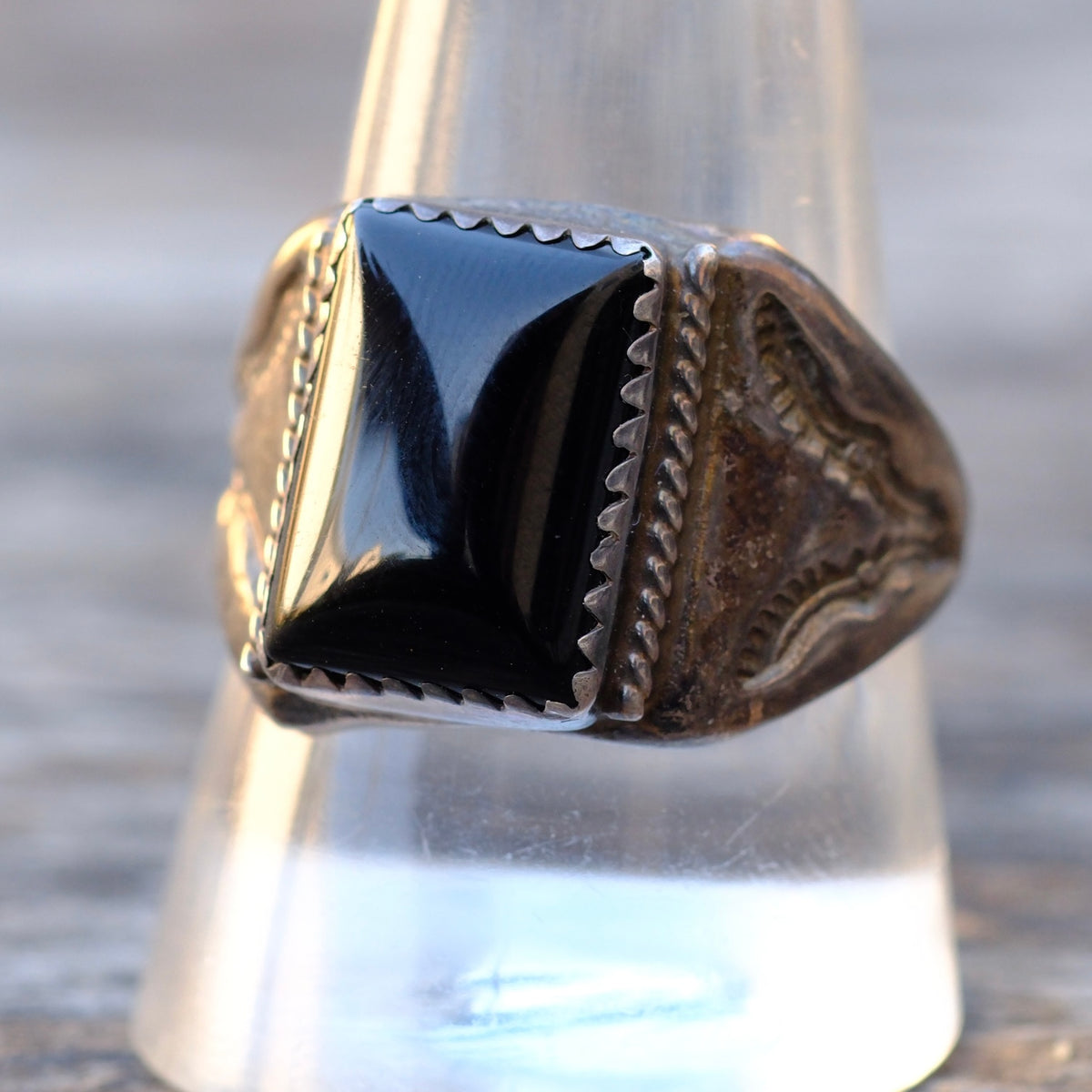Vintage Sterling Onyx Stamped Band Ring 10.75