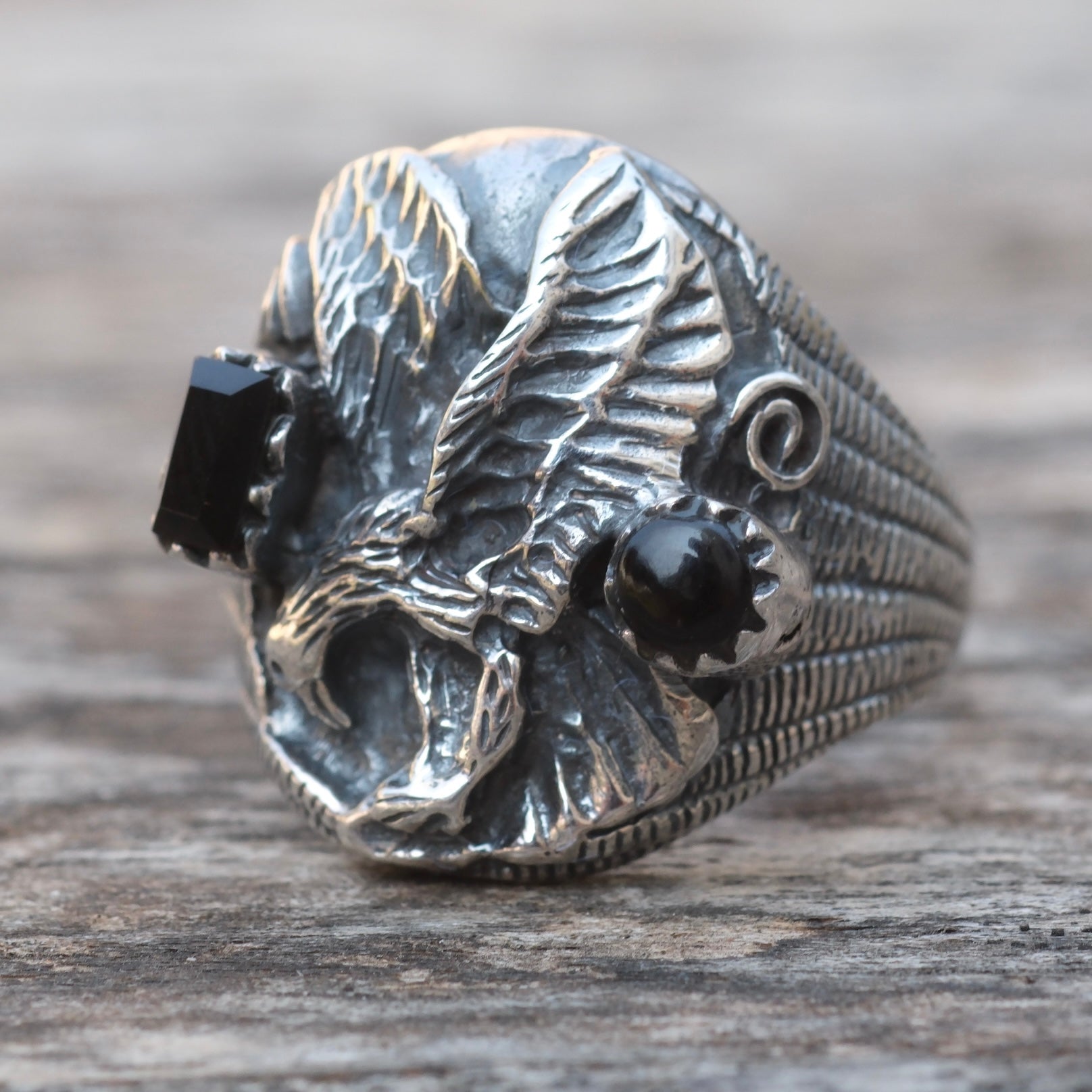 Vintage Sterling Onyx Eagle Ring 10.75