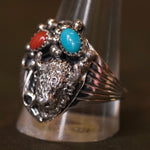 Vintage Sterling Turquoise and Coral Buffalo Ring 12.5