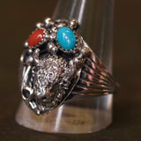 Vintage Sterling Turquoise and Coral Buffalo Ring 12.5