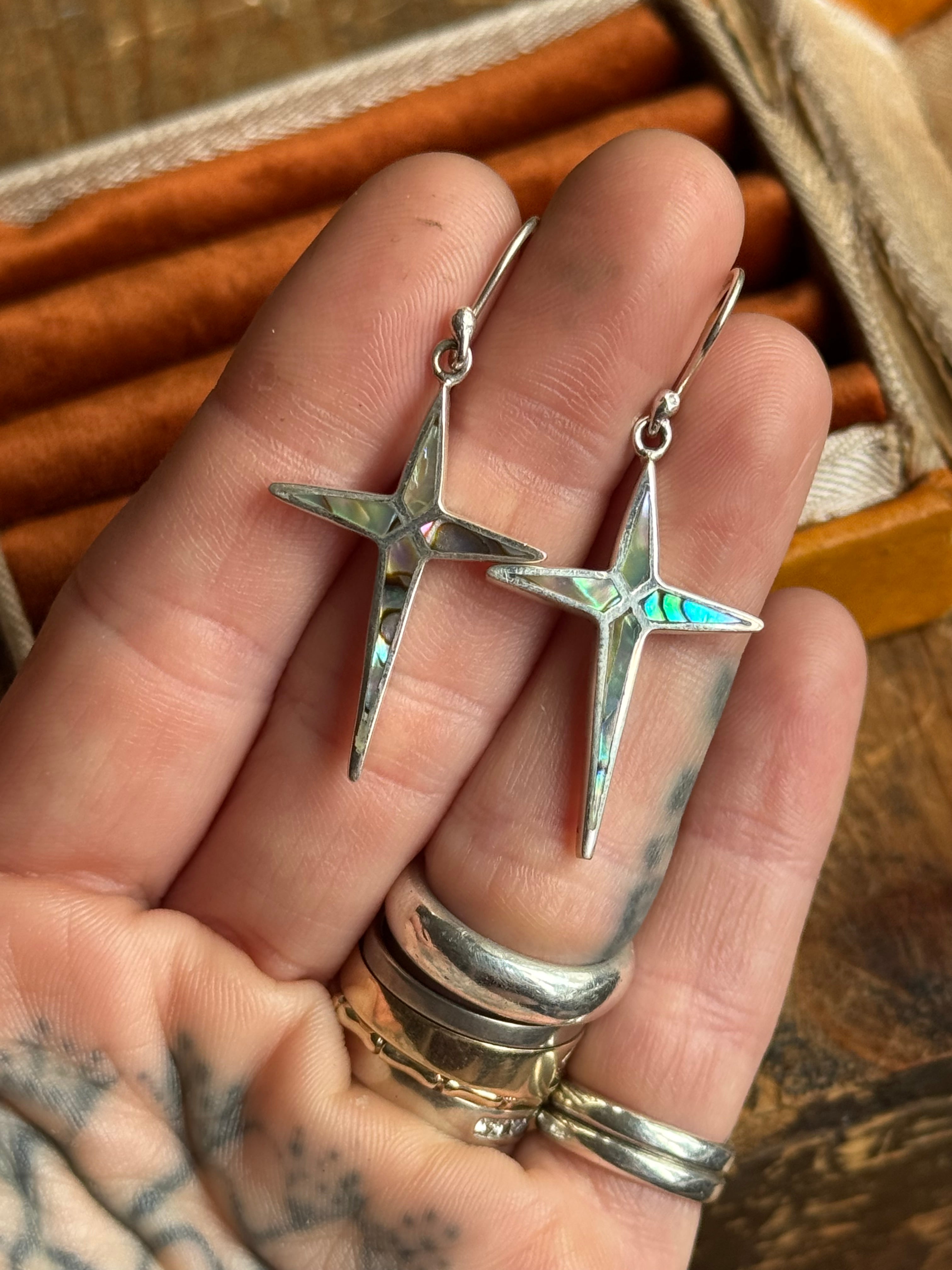 Vintage Sterling Silver Abalone Inlay Cross Earrings