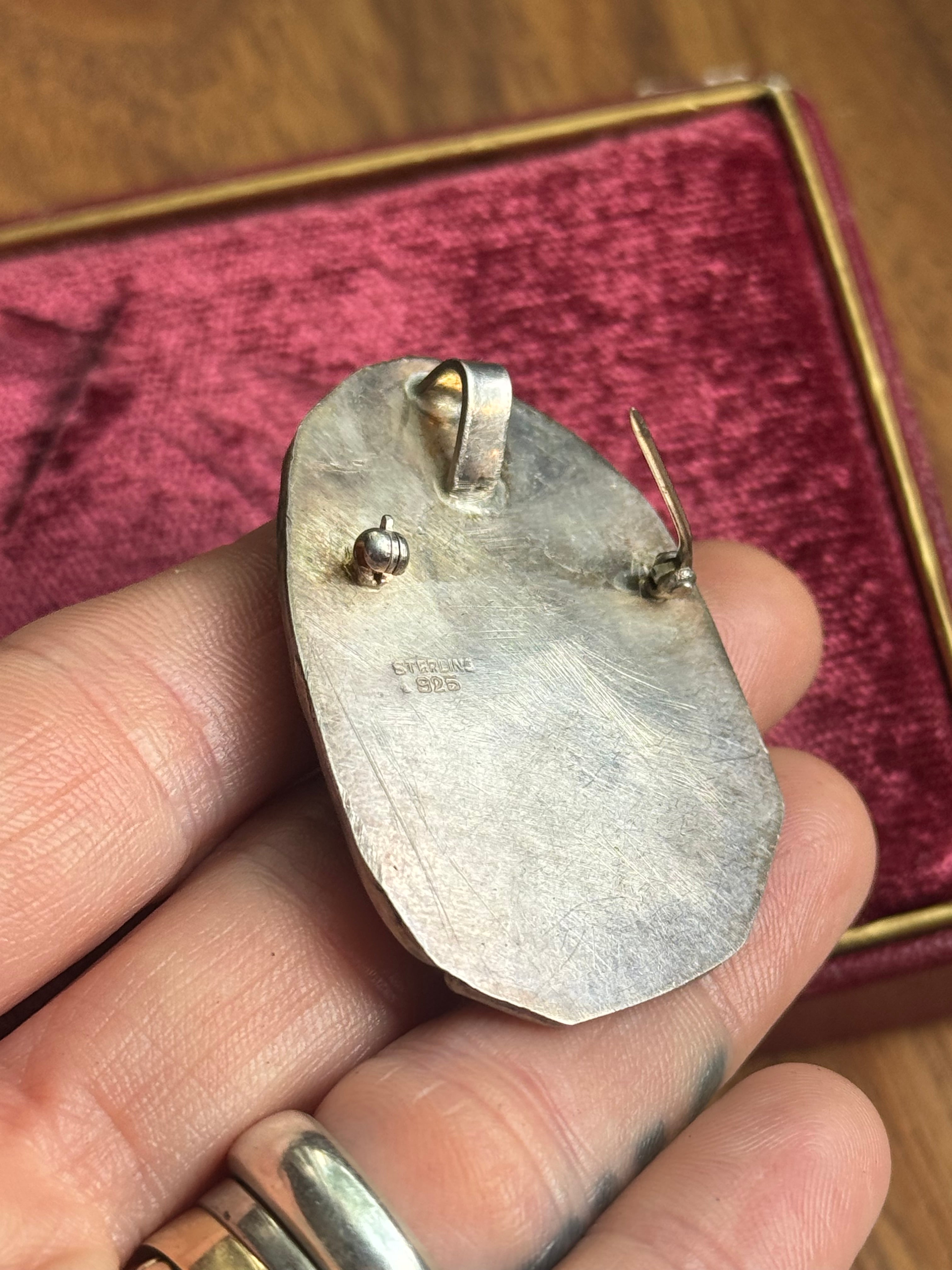 Vintage Sterling Silver Jasper & Seed Pearl Modernist Pin/Pendant