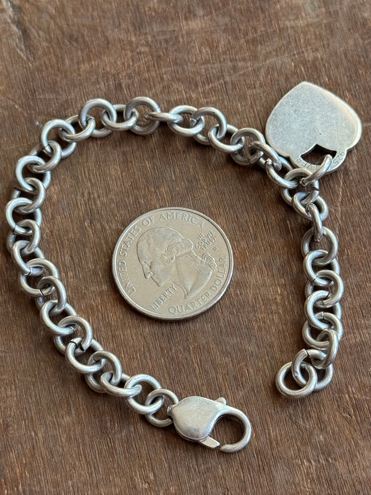 Vintage Sterling Silver 7.5” Cable Heart Tag Chain Bracelet
