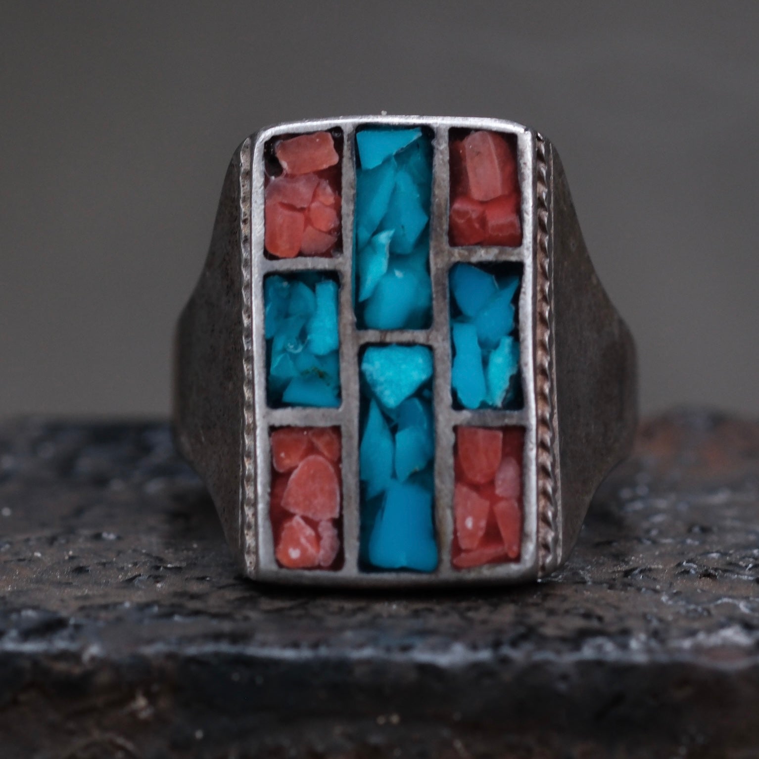 Vintage Sterling turquoise and Coral Inlay Ring 9.75