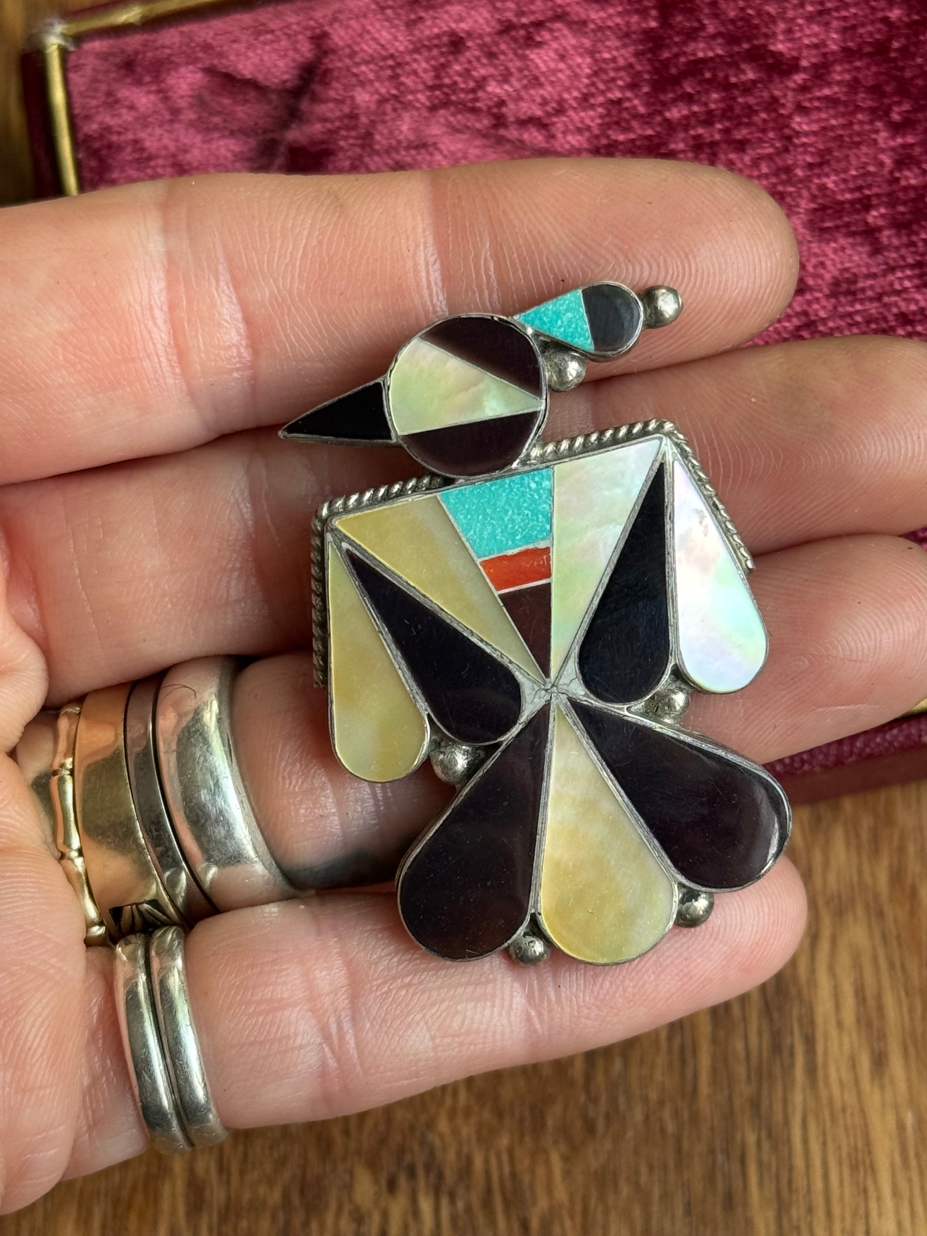 Vintage Sterling Silver Multistone Inlay Thunderbird Pin/Pendant