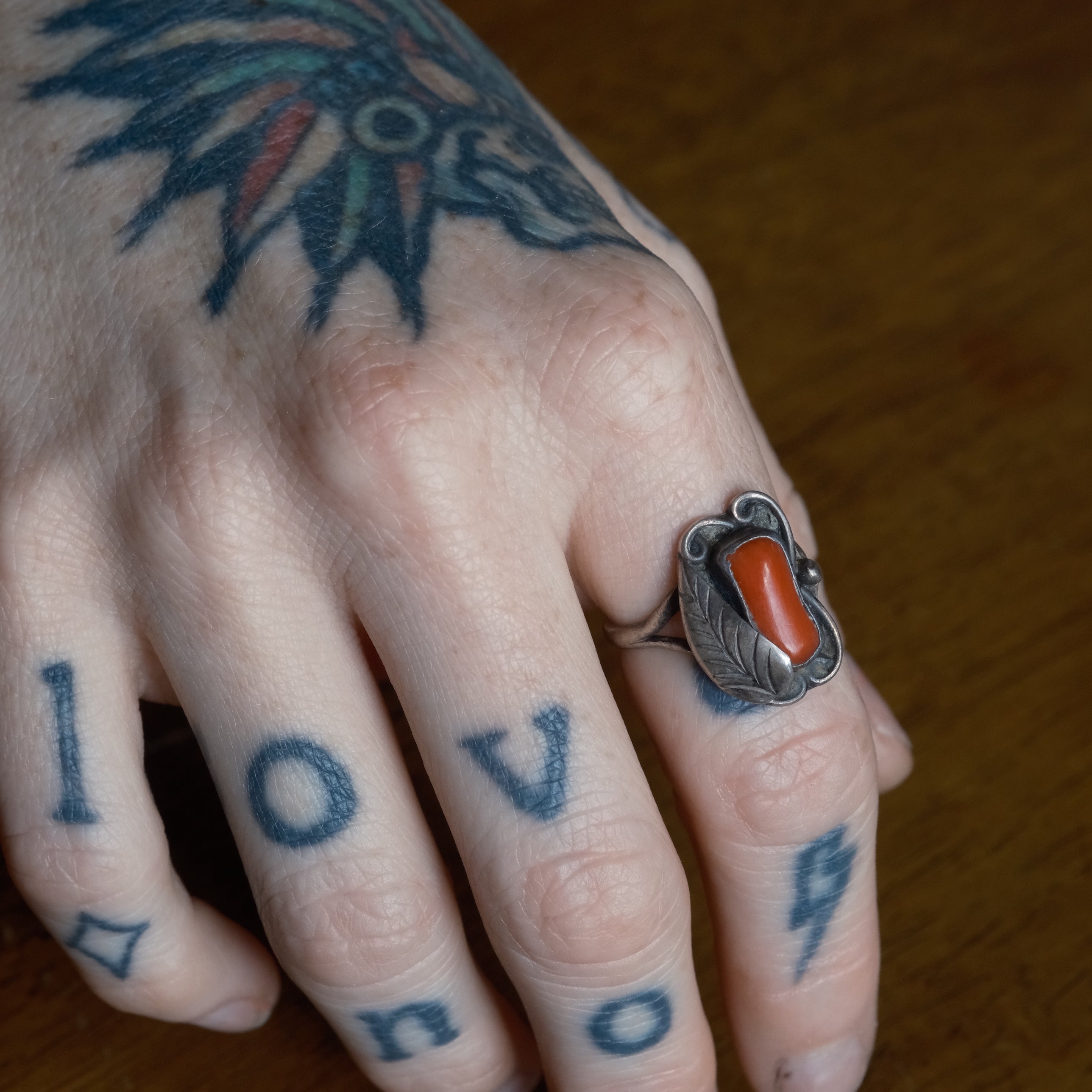 Vintage Sterling Coral Feather Ring 6.5