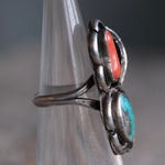 Vintage Sterling Turquoise and Coral Feather Ring 3.75