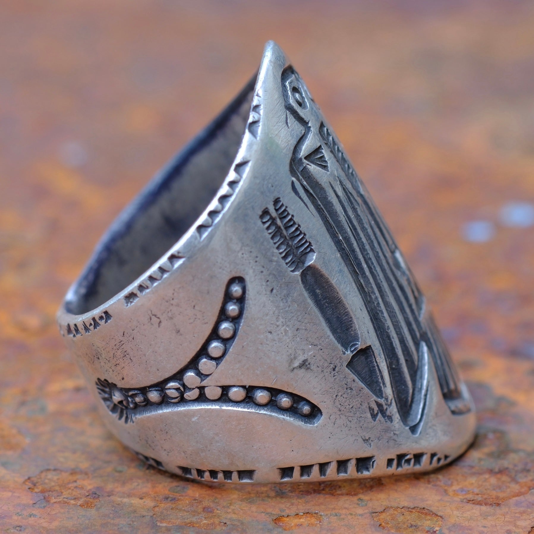 Heavy Ingot Stamped Thunderbird Cigar Band Ring 10.25