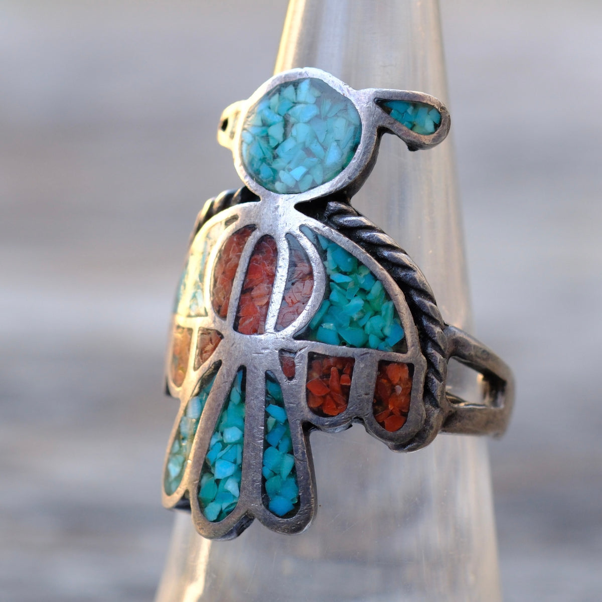 Vintage Sterling Turquoise and Coral Inlay Thunderbird Ring 6.75
