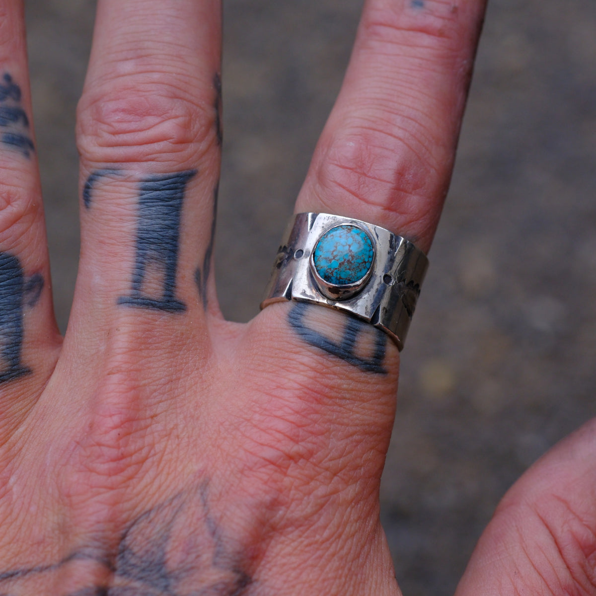 Sterling Silver Bisbee Turquoise Stamped Cigar Band Ring 9.25