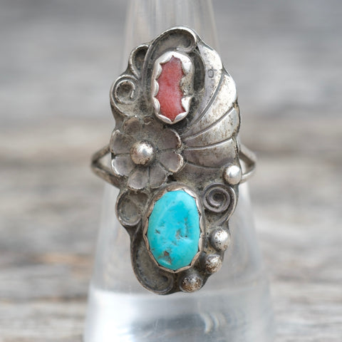 Vintage Sterling Turquoise and Coral Feather Ring 8.5