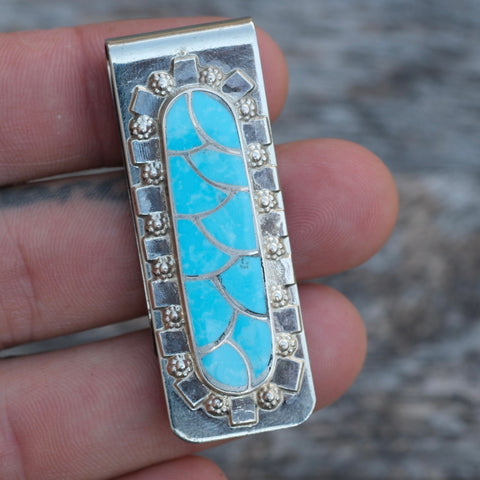 Vintage Sterling Silver Turquoise Inlay Money Clip