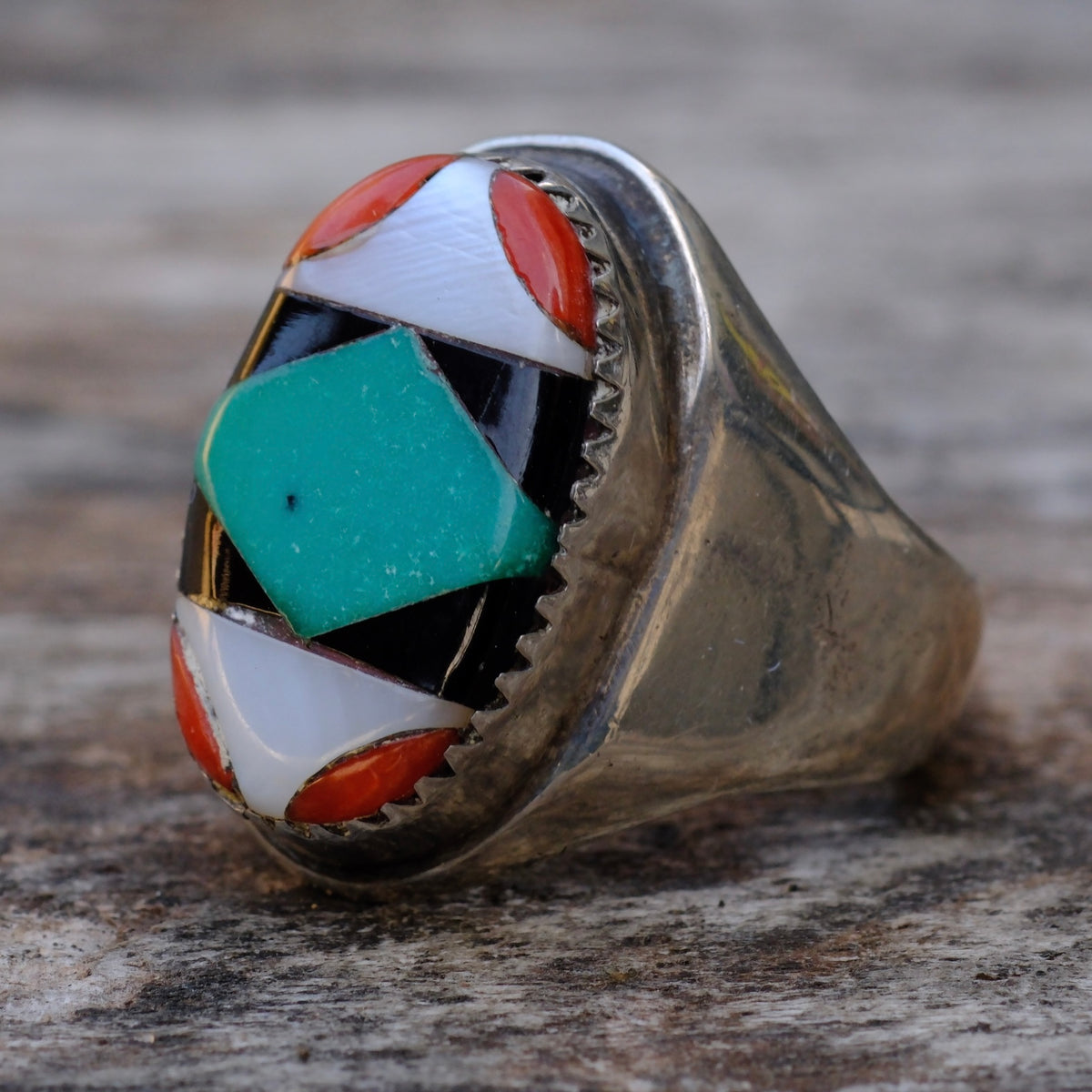 Vintage Sterling Multi Stone Inlay Ring 7