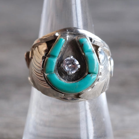 Vintage Sterling Turquoise CZ  Lucky Horseshoe Ring 7.75