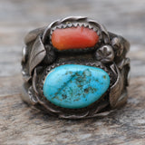 Vintage Sterling Turquoise and Coral Feather Ring 12