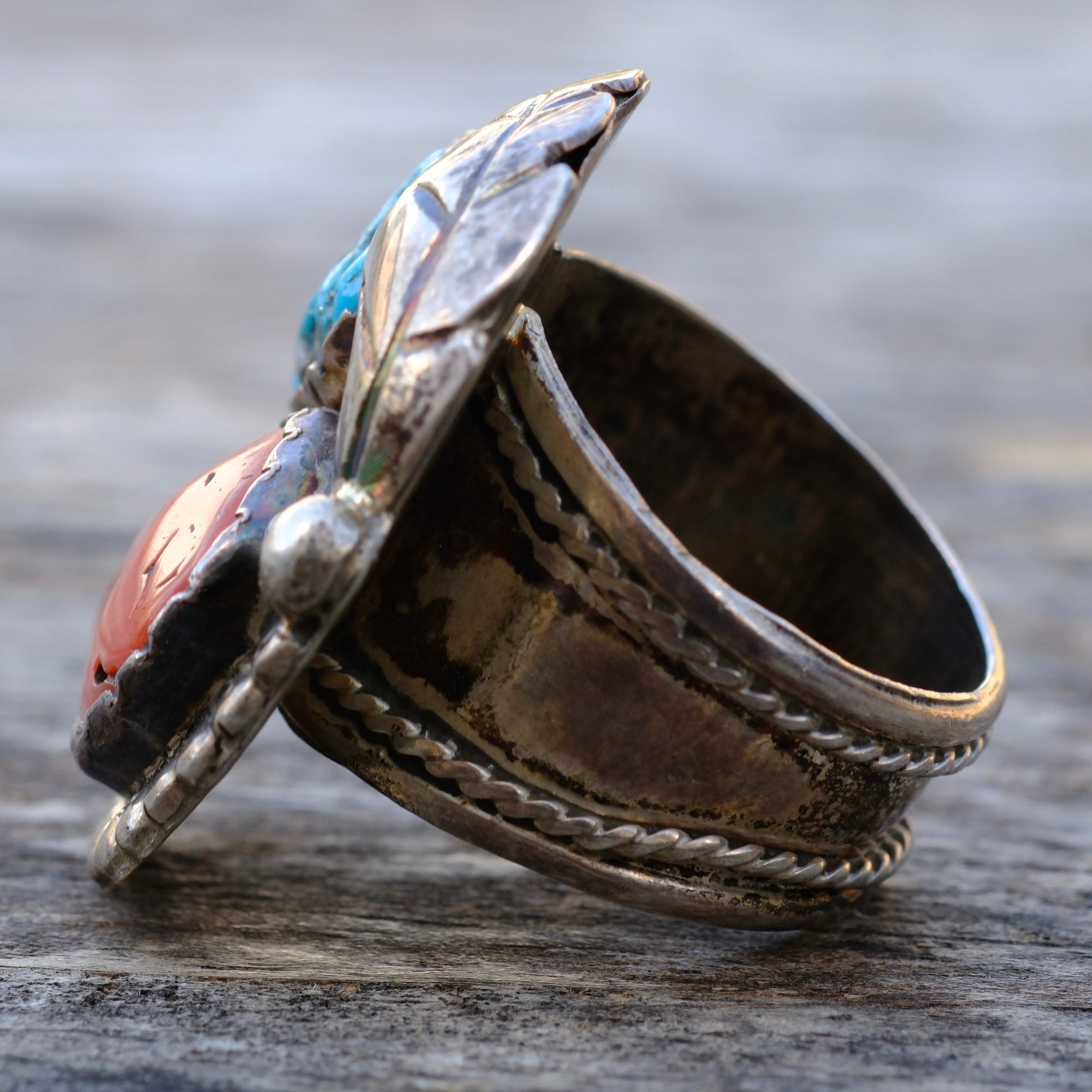 Vintage Sterling Turquoise and Coral Feather Ring 11.75