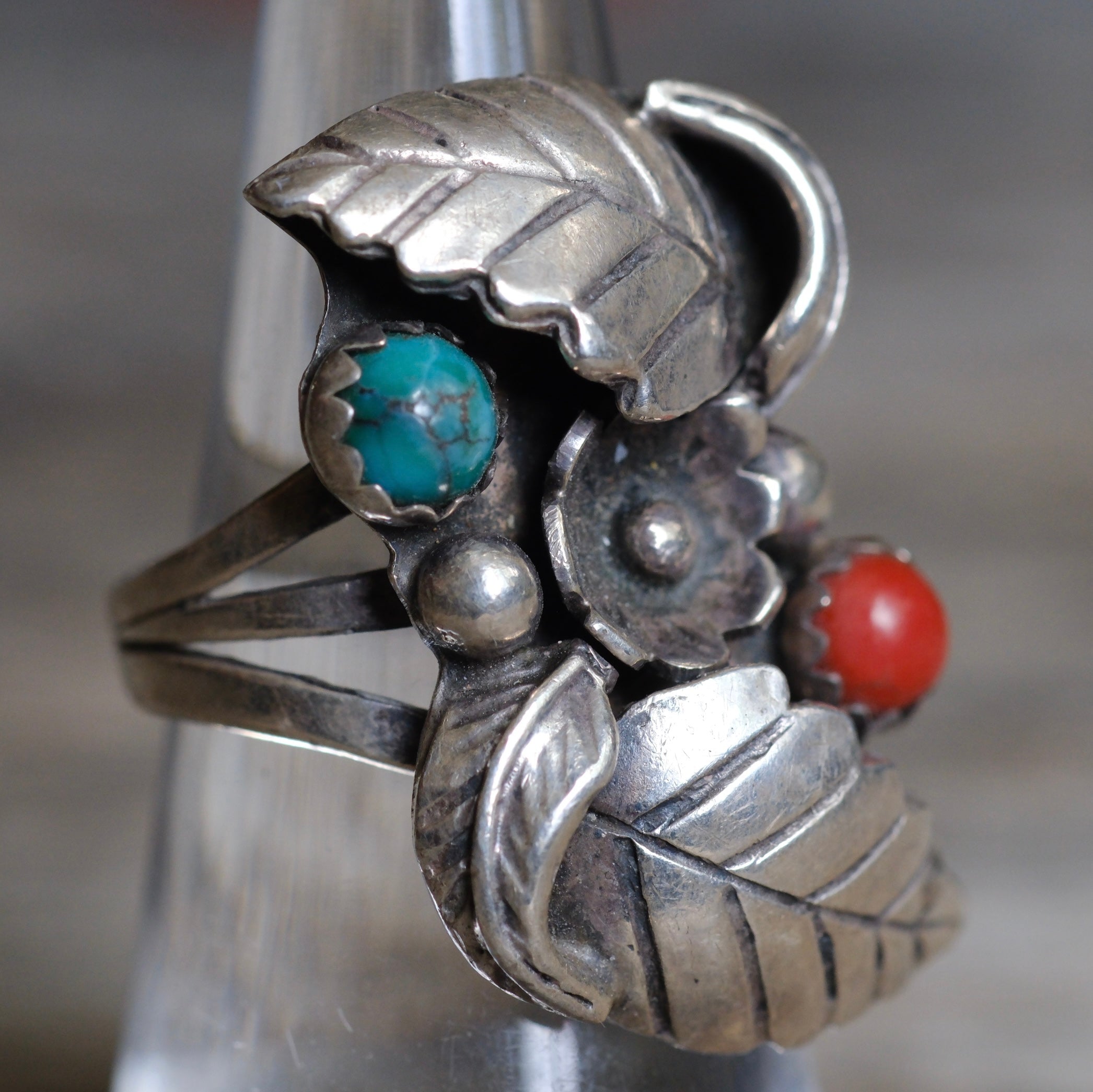 Vintage Sterling Turquoise and Coral Feather Ring 6.5