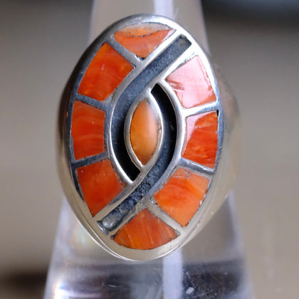 Vintage Sterling Spiny Oyster Hummingbird Inlay Ring 10.25