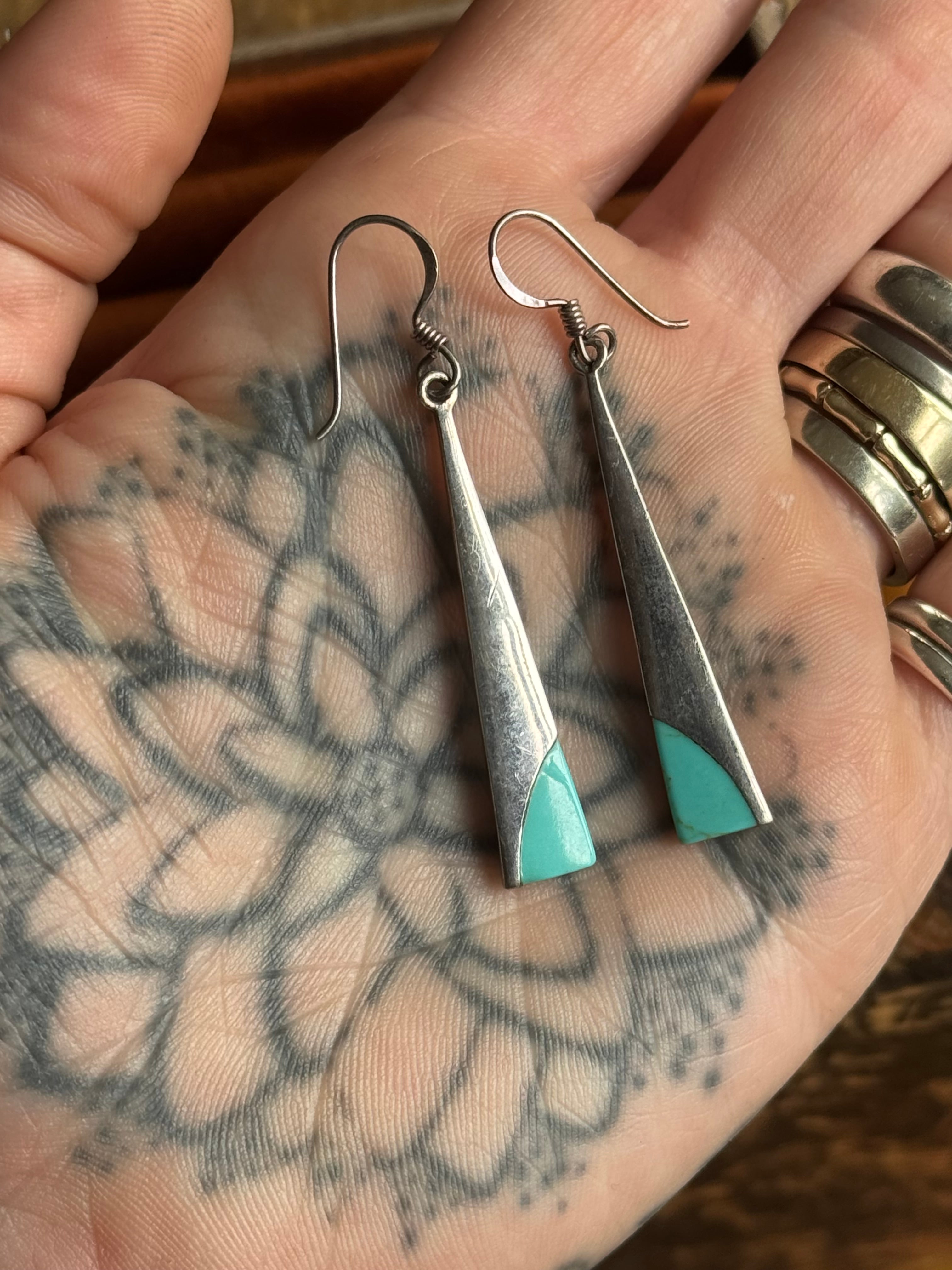 Vintage Sterling Silver Turquoise Inlay Triangle Earrings