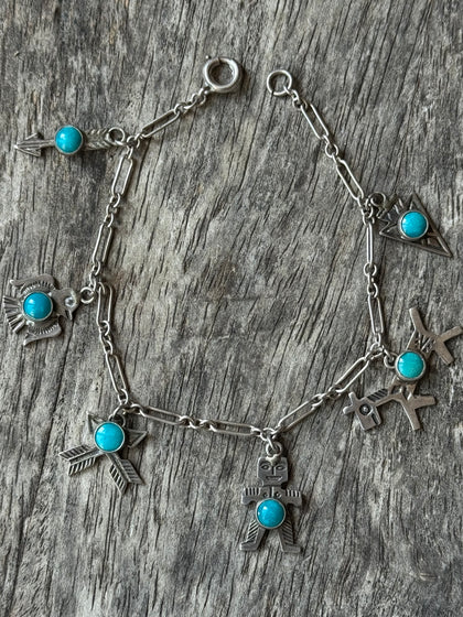 Vintage Sterling Silver Southwestern Turquoise Fetish Charm Bracelet