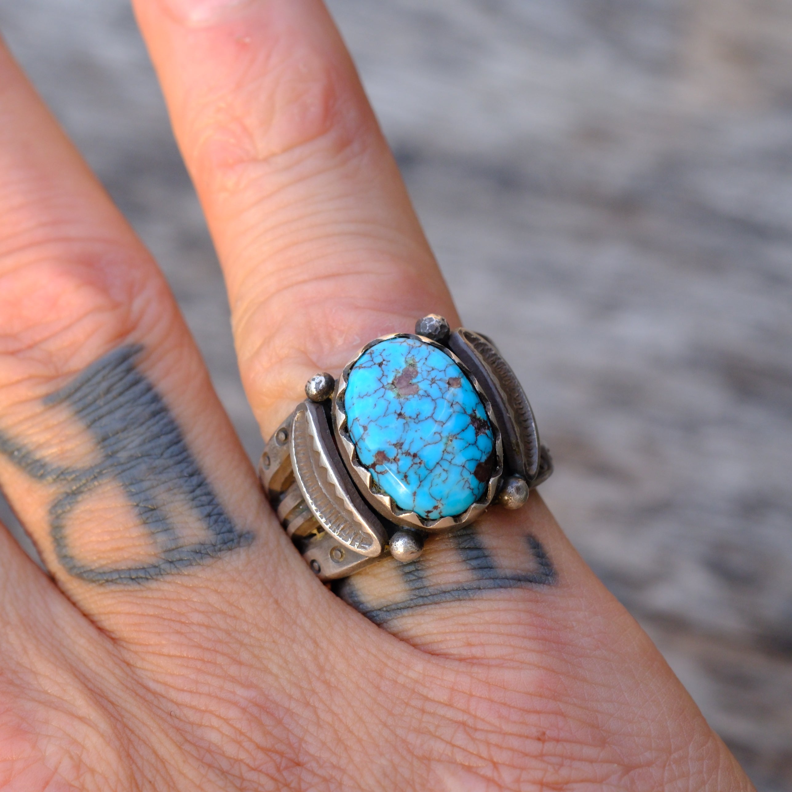 Heavy Ingot Sterling Silver Stamped Band Turquoise Ring 7
