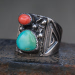 Vintage Sterling Turquoise and Coral Tribal Band 9