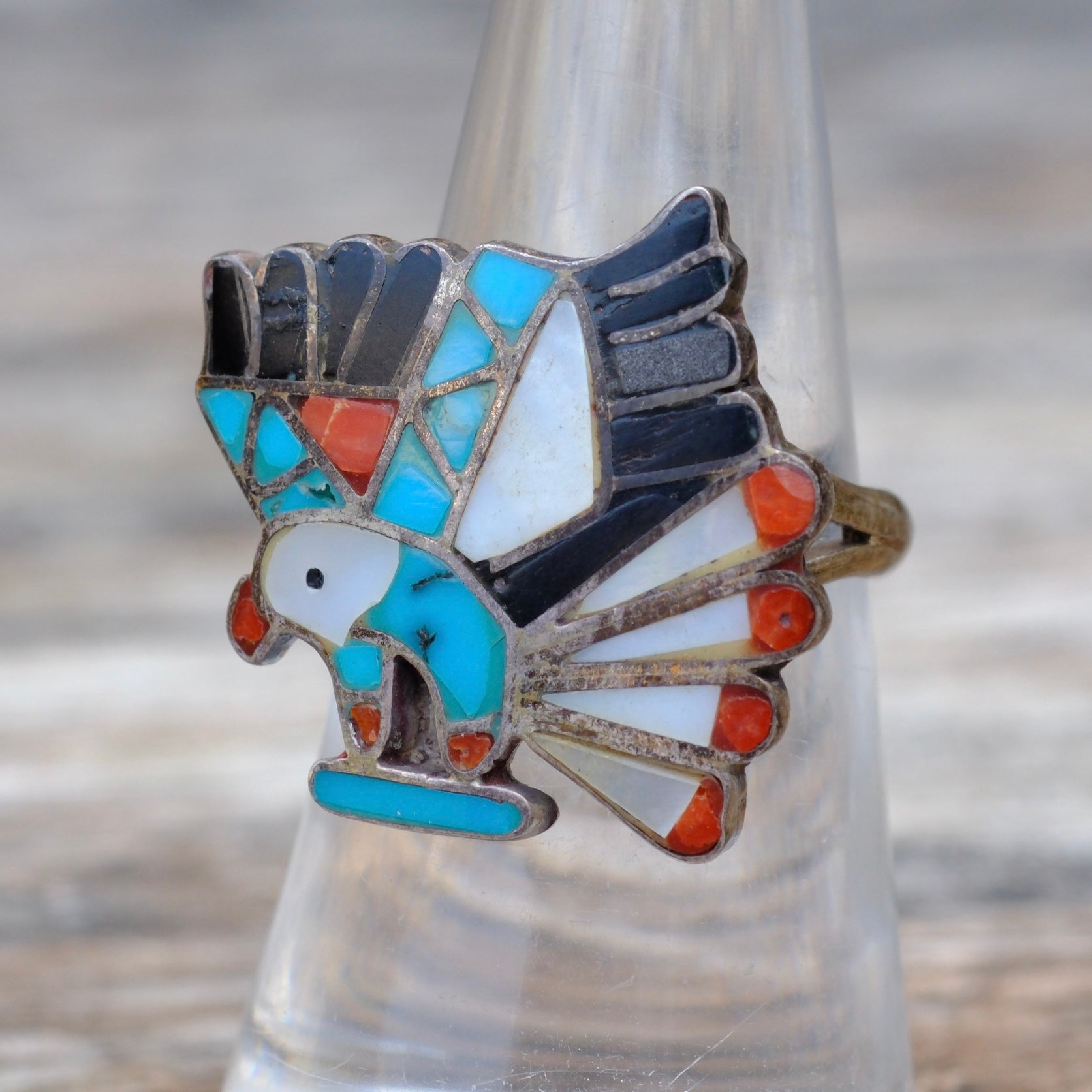 Vintage Sterling Multistone Inlay Eagle Ring 6.75