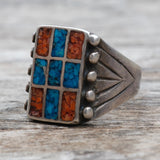 Vintage Sterling Crushed Turquoise and Coral Inlay Ring 8.25