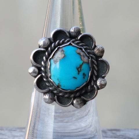 Vintage Sterling Turquoise Roper Ring 6.75