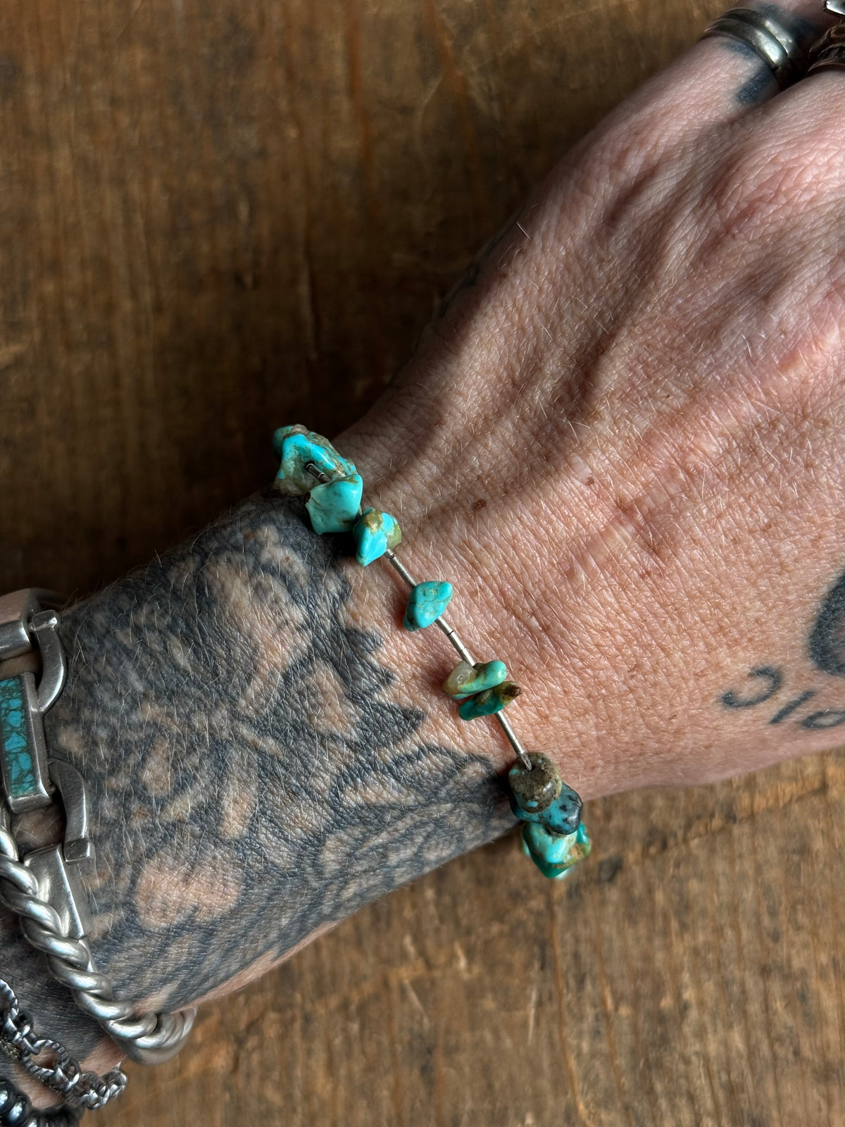 Vintage Sterling Silver Beaded Raw Turquoise Bracelet