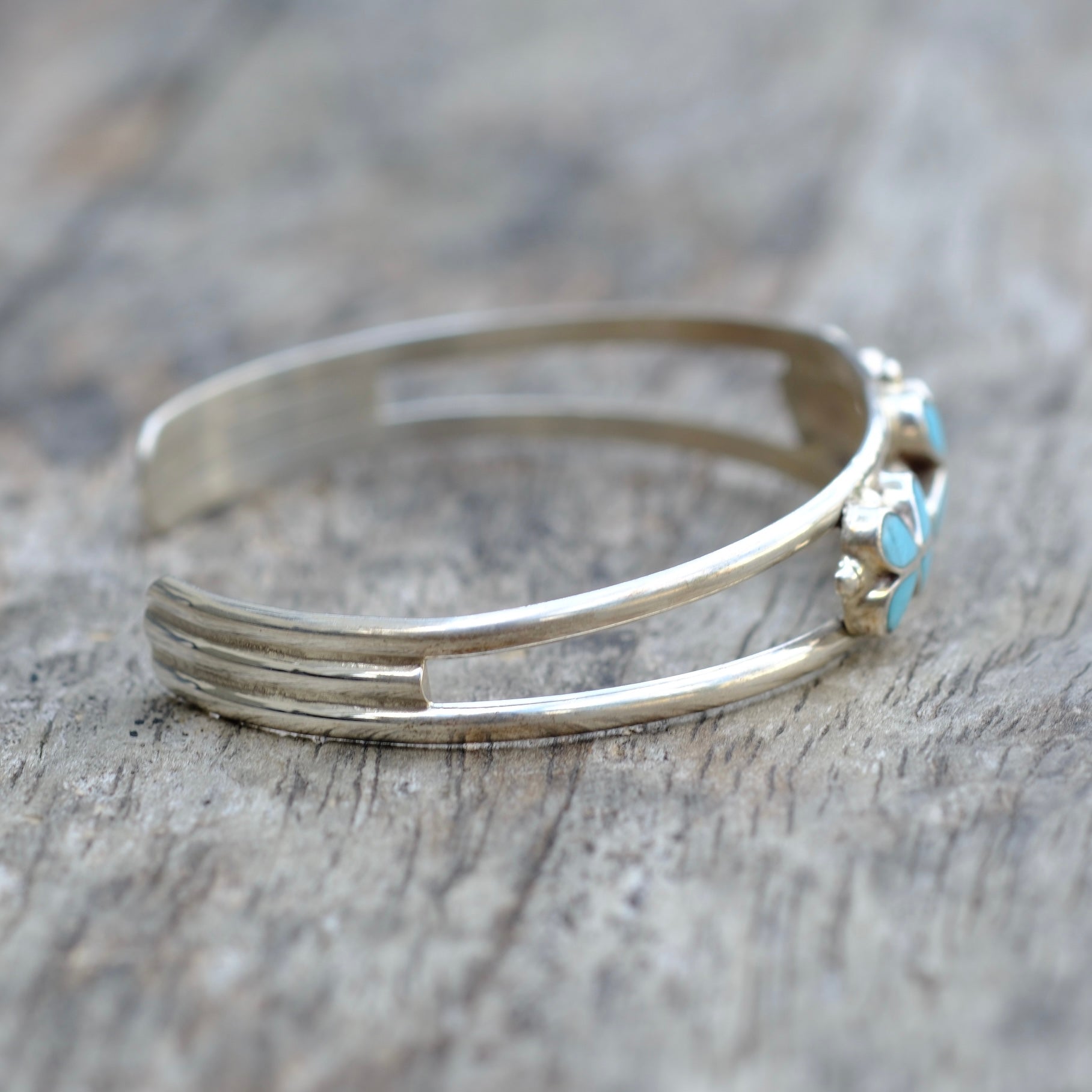 Vintage Sterling Turquoise Inlay Flower Cuff Bracelet