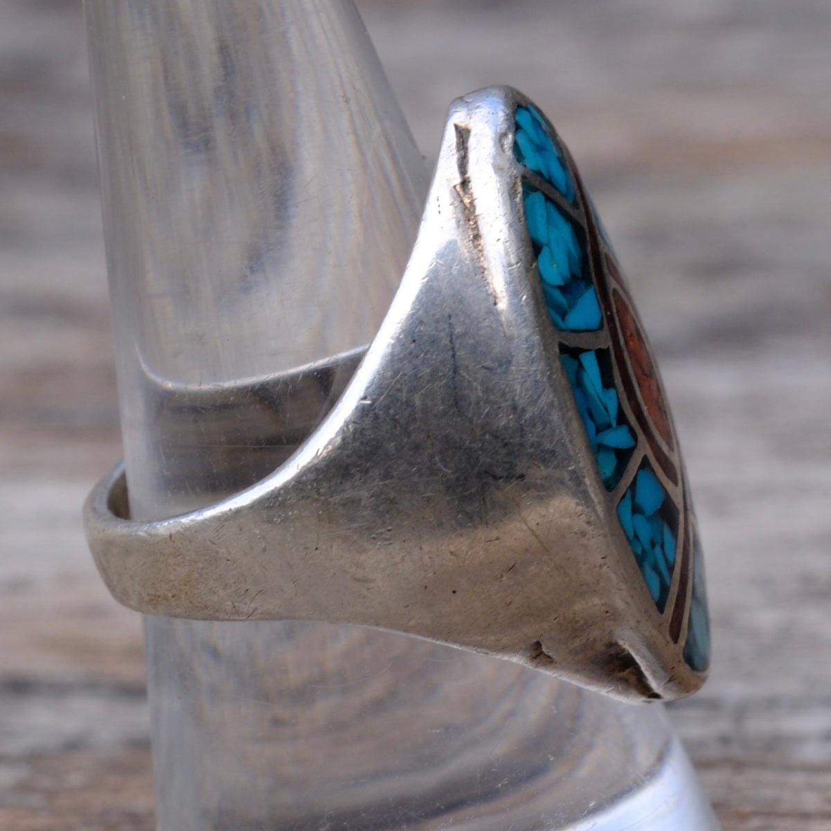 Vintage Sterling Turquoise and Coral Inlay Hummingbird Ring 8.5