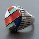 Vintage Sterling Multistone Inlay Ribbed Band Ring 9.75