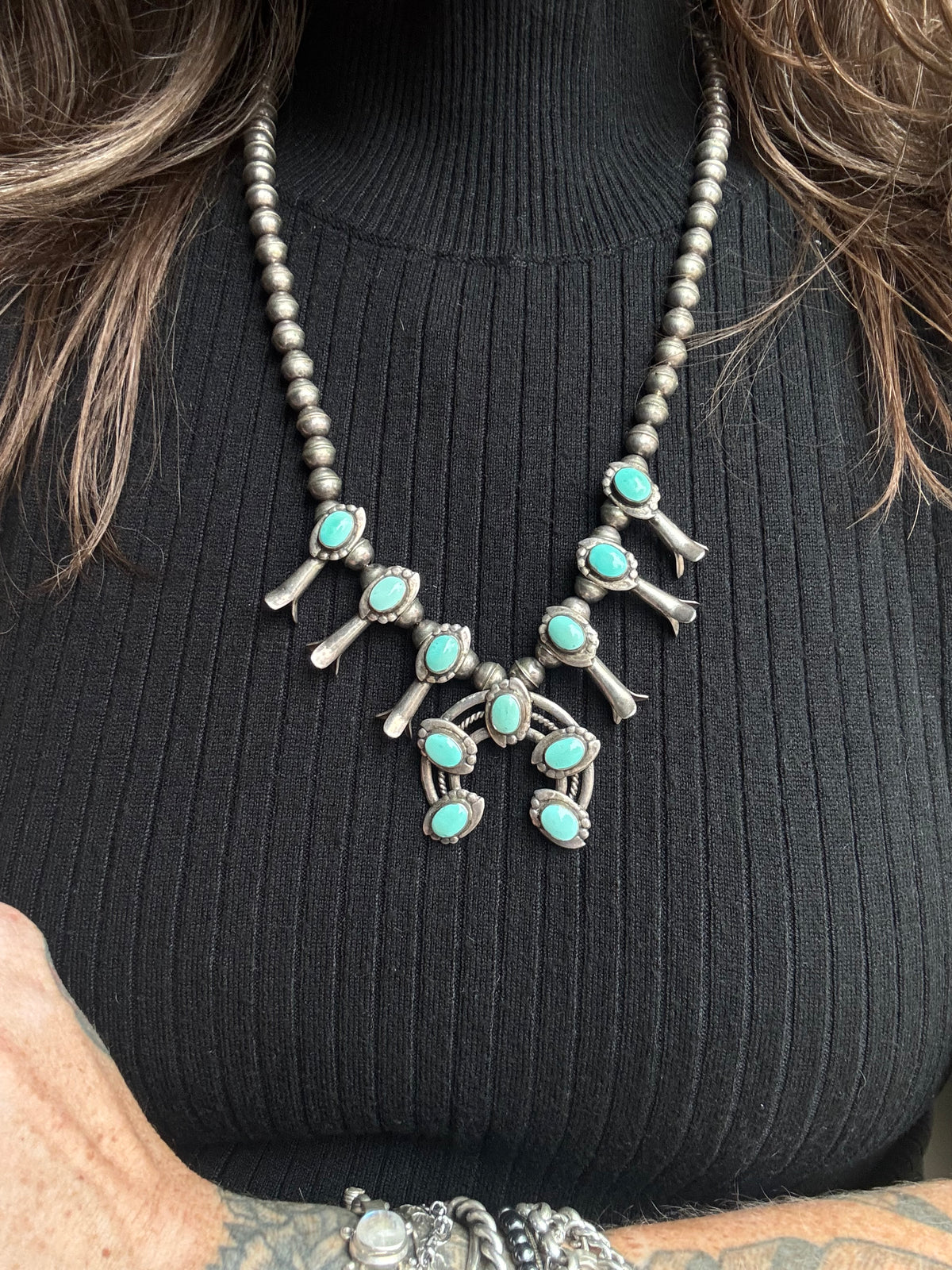 Vintage Sterling Silver Turquoise Squash Blossom Necklace