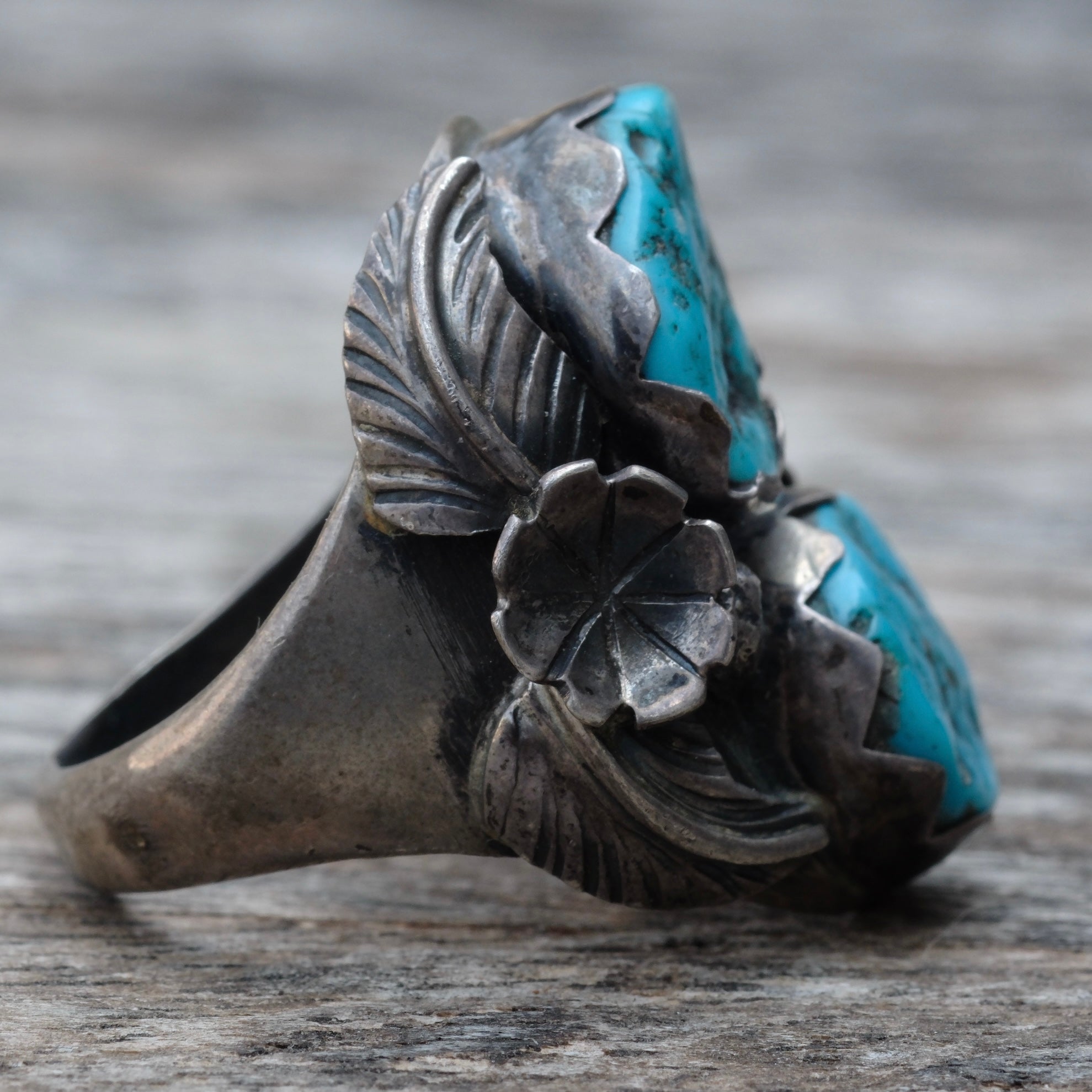 Vintage Sterling 2-Stone Turquoise Feather Ring 11