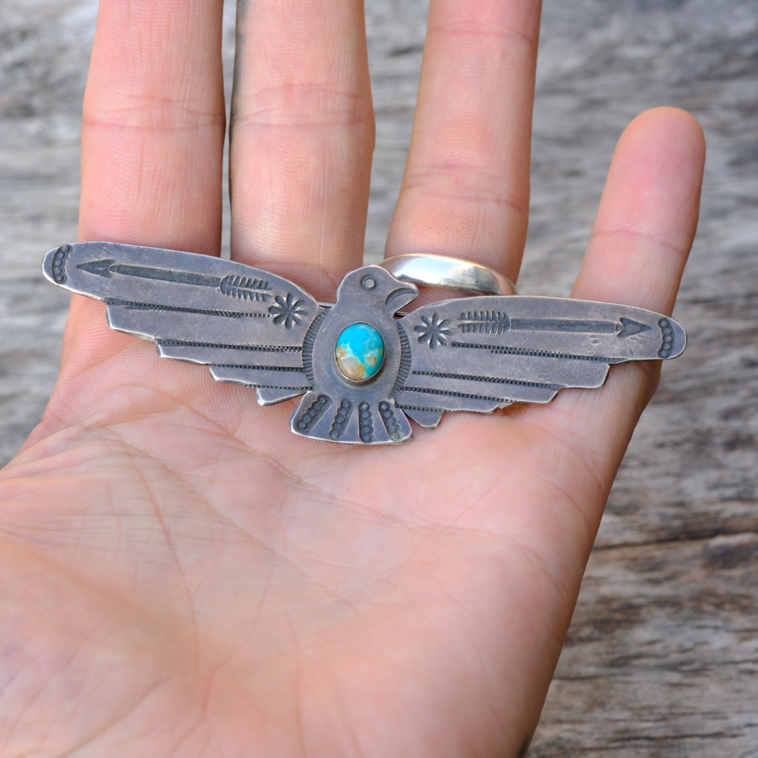 HUGE Vintage Sterling Turquoise Thunderbird Pin