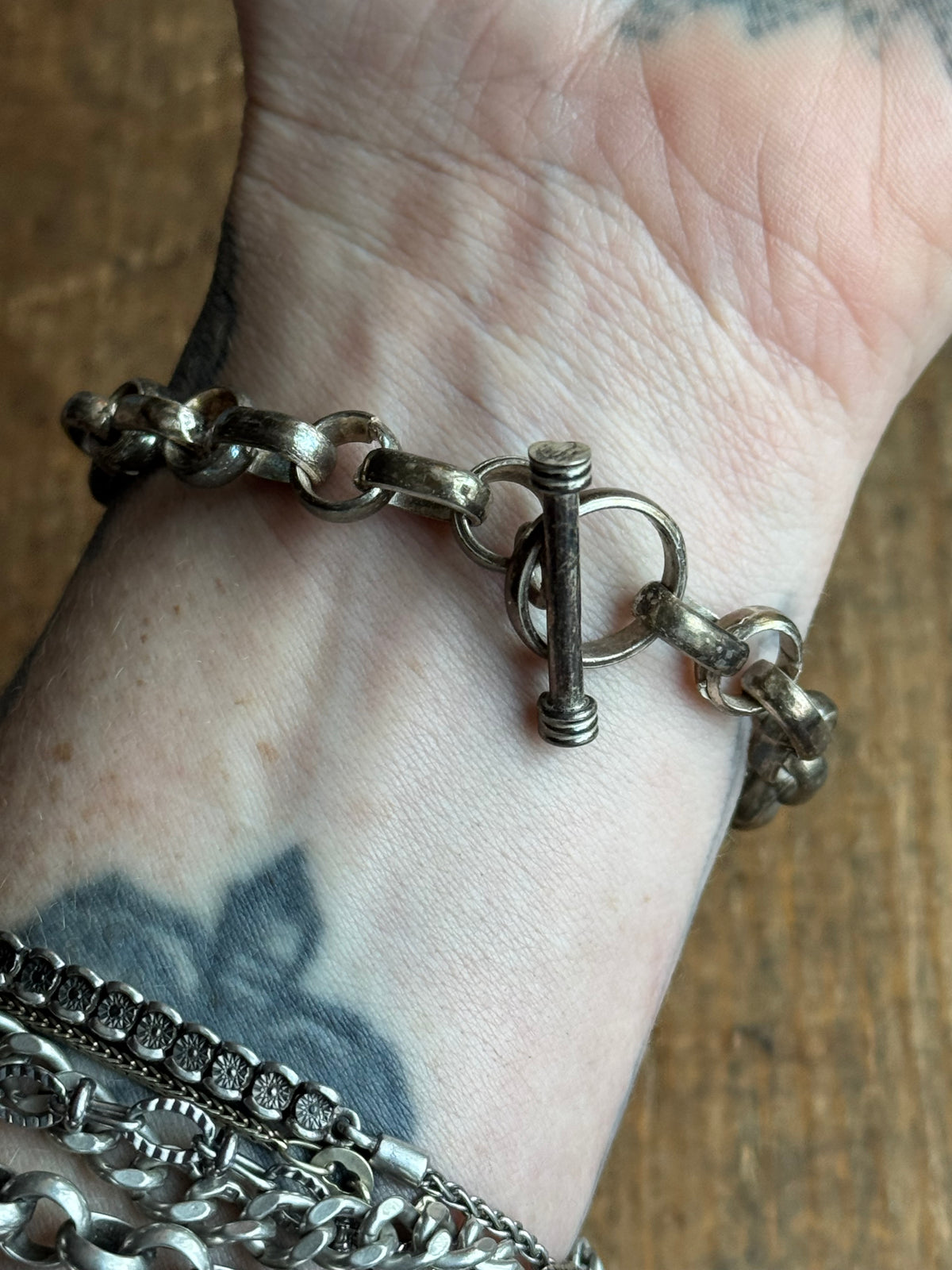 Vintage Sterling Silver Oval Circle Link Chain Toggle Bracelet