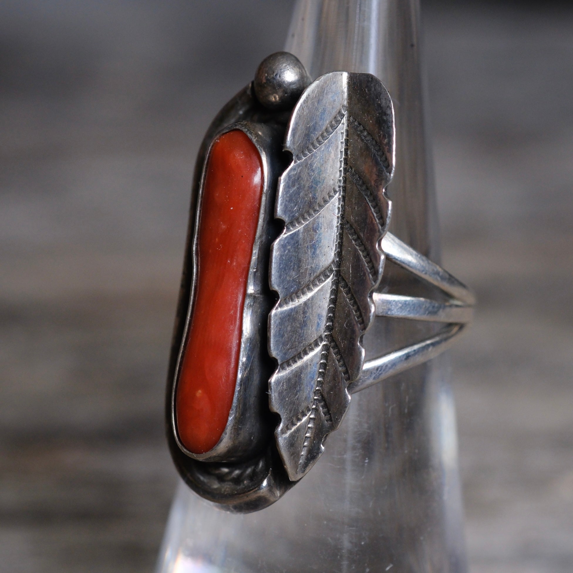 Vintage Sterling Coral Feather Ring 5
