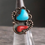 Vintage Sterling Turquoise and Coral Ring 4.5