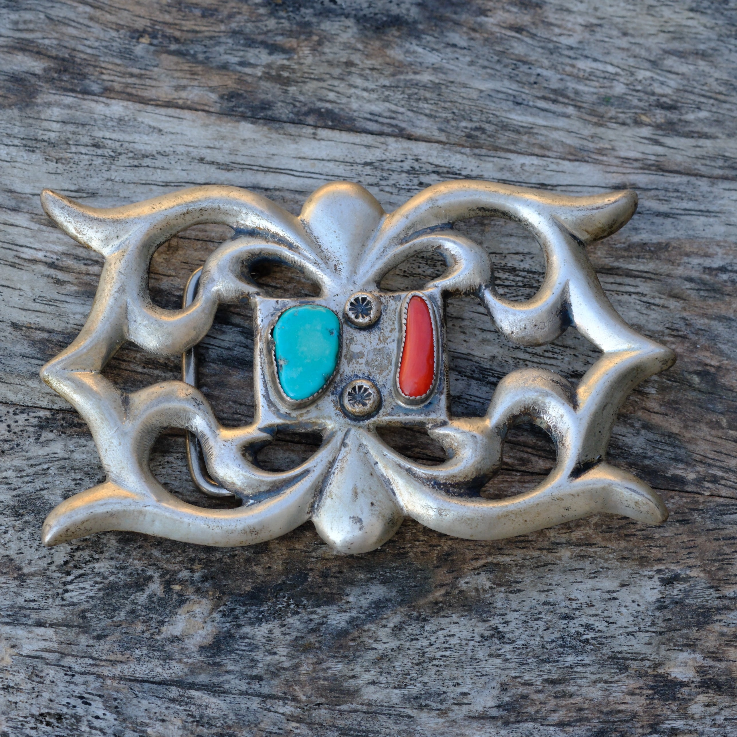 Vintage Sterling Turquoise and Coral Sandcast Belt Buckle