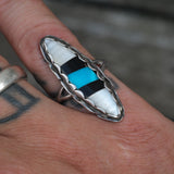Vintage Sterling Turquoise and Onyx and MOP Inlay Roper Ring 6.75