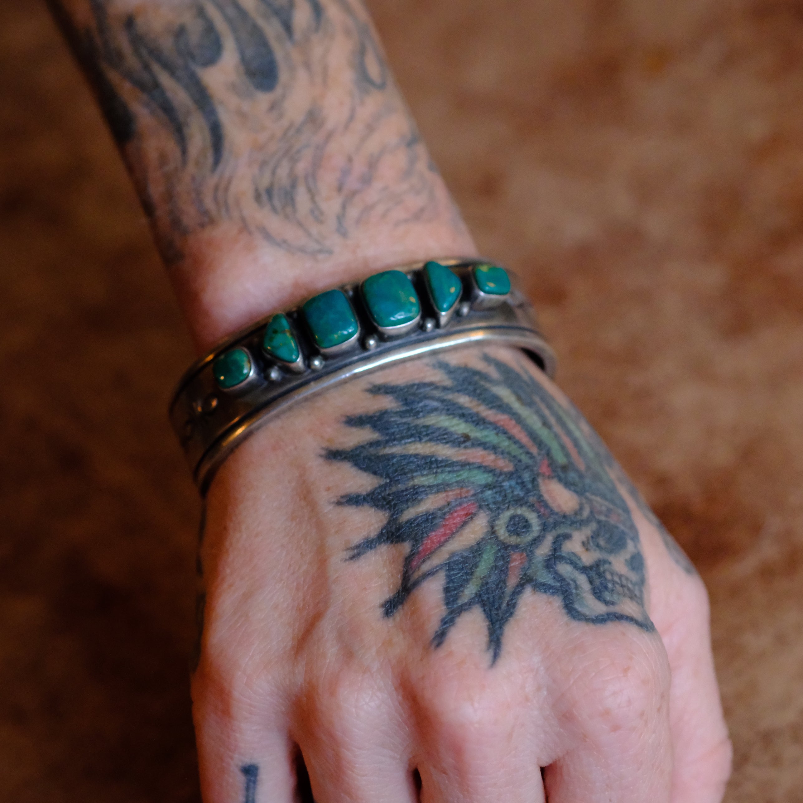 HEAVY Vintage Sterling 6-Stone Turquoise Cuff Bracelet R.Bennett